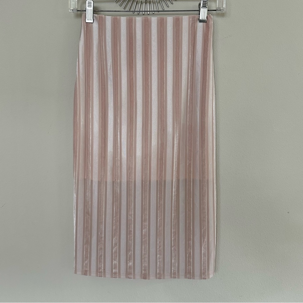 Event Ribbed Velvet Sheer Pencil Skirt sz XS Midi Beige Gold Lined Striped Bling